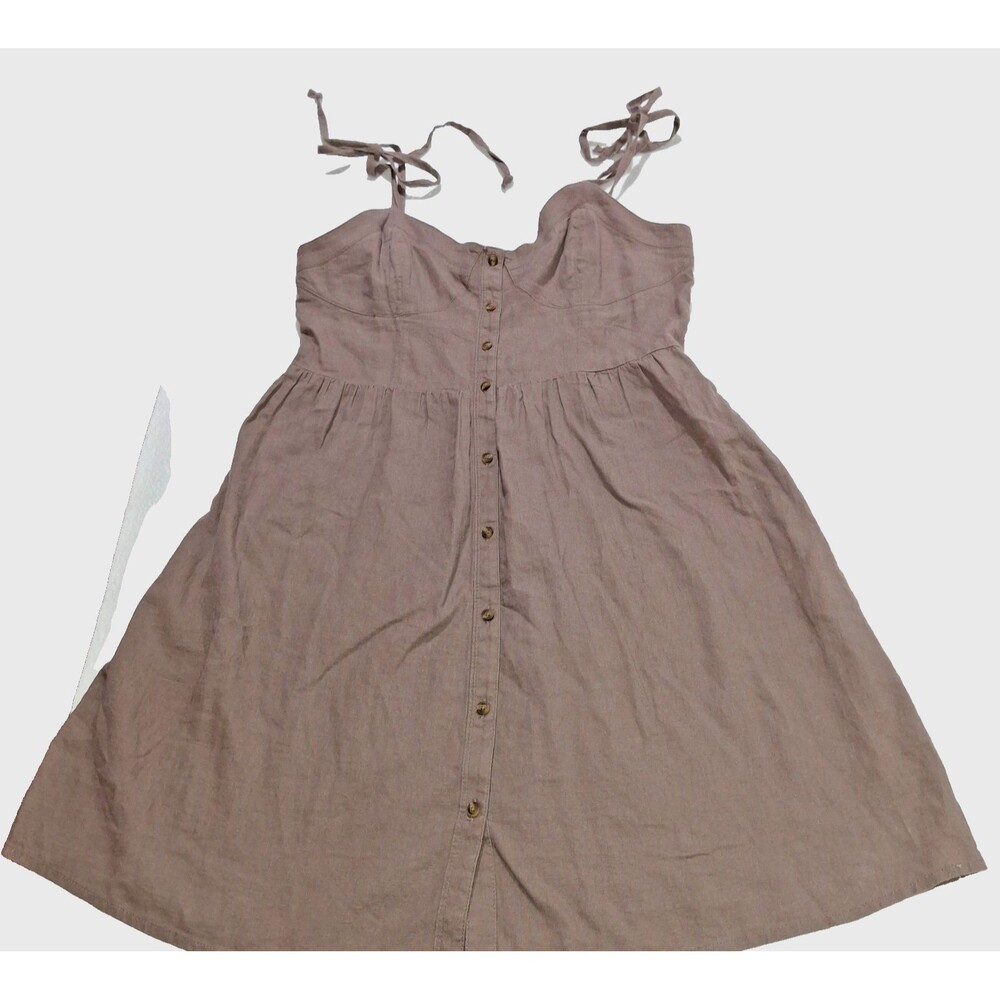 Aerie Brown Linen Blend Tie Shoulder Corset Button Front Short Sundress SZ Small - Picture 2 of 13
